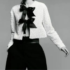 H&M Tie-front Sequined Jacket Off White/black bow large